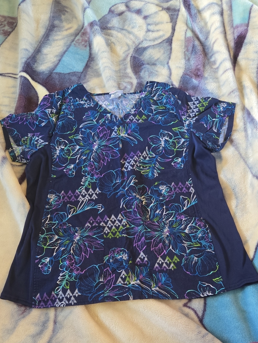 Floral V-Neck Women's Scrub Top - Navy with Purple & Teal Accents